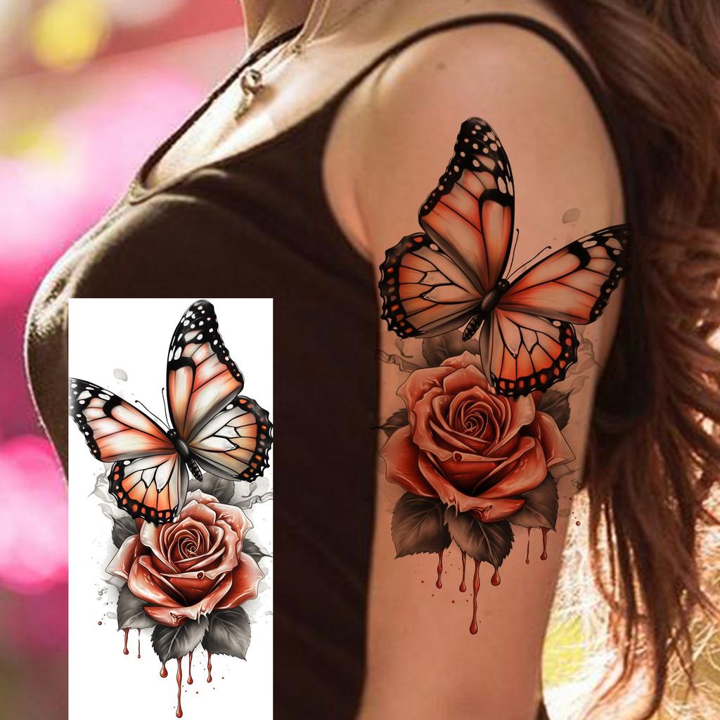 1 Sheet Butterfly Watercolor Flower Tiger Temporary Tattoos For Women Men Adults Fake Phoenix Parrot Lotus Tattoo Sticker Sleeve