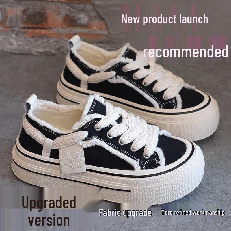 2025 Women's Retro Thick-Soled Canvas Shoes: Breathable, Versatile, Trendy Black for Fall