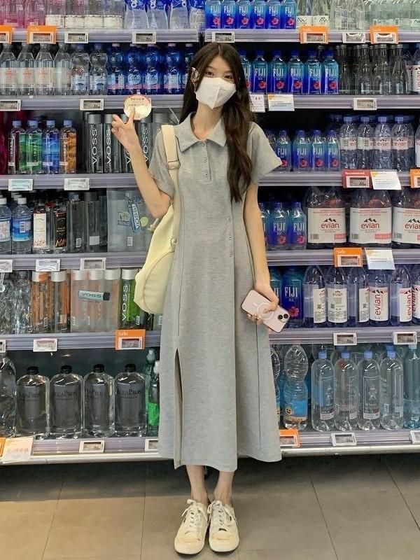 Polo Collar Split-ended Dress for Women's Summer Niche Design Sense, Waist and Thin Medium and Long French Short-sleeved A-shaped Skirt