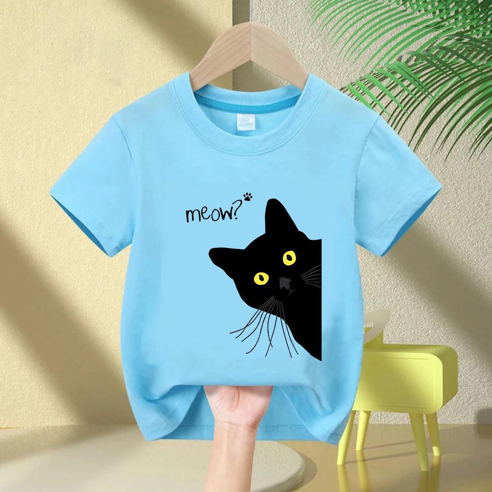 Kids Tshirt 100 Cotton Summer Meow Black Cat Print T Shirt Casual Oneck Boys Girls Tshirt Short Sleeve Tshirt Tees