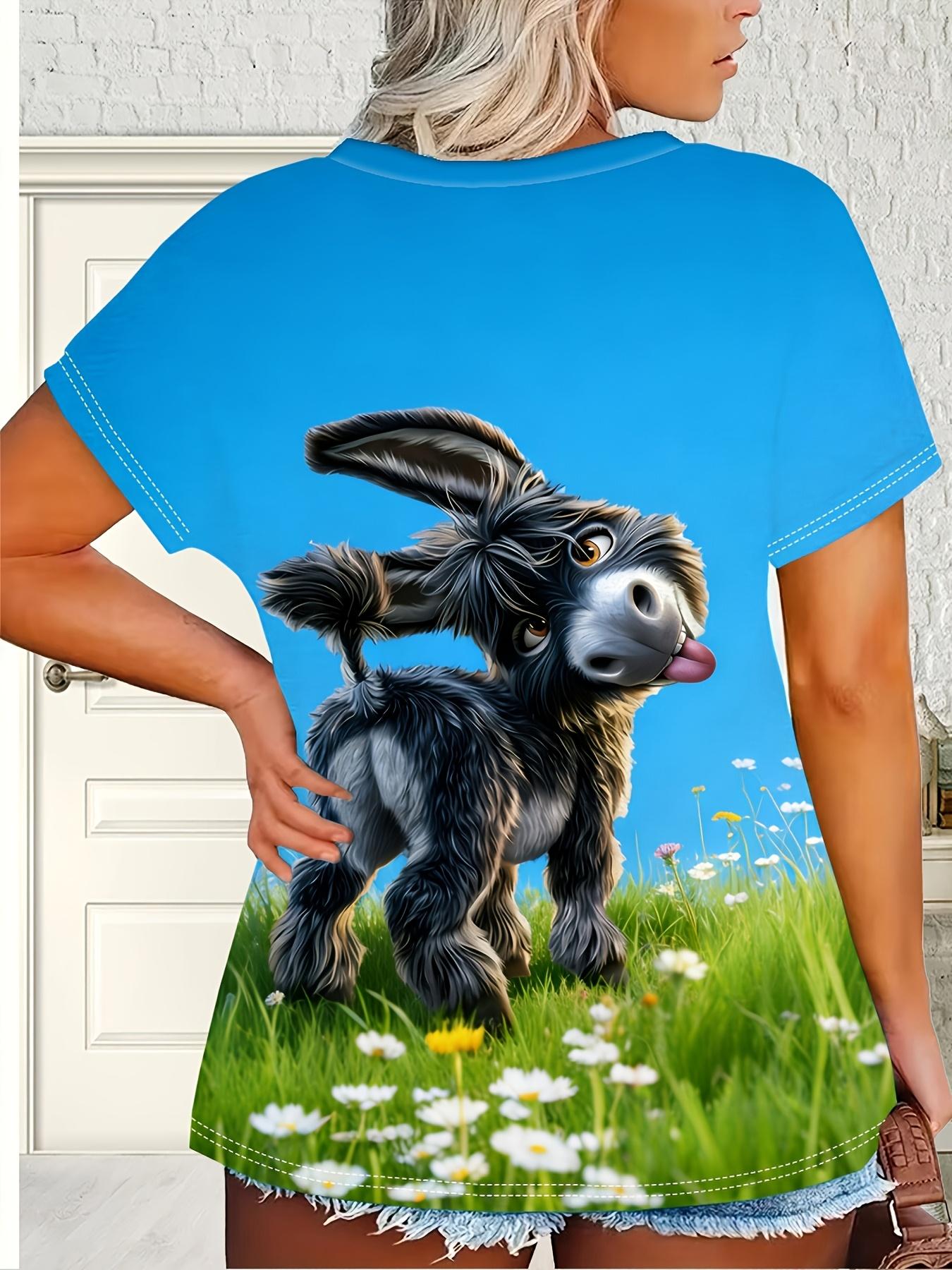 Plus Size - Plus Size - Plus-Size Women S Cute Cartoon Donkey Prairie Print T-Shirt. Casual Round Neck Short Sleeve Loose Bohemian Style Top S