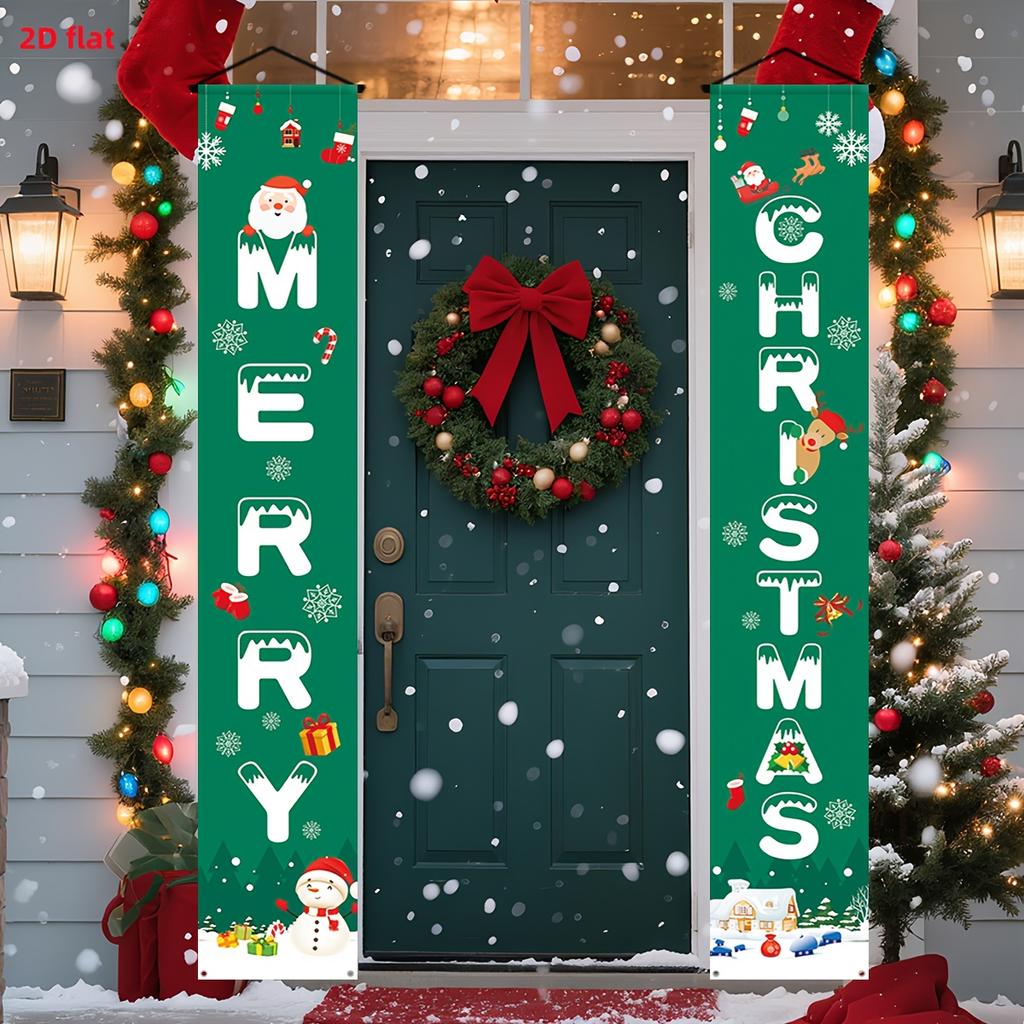 2D Flat, 1 Pair Festive Christmas Merry Christmas Door Banner - Durable Polyester Holiday Decoration with Snowflakes, Holly & Berries, Perfect for Por