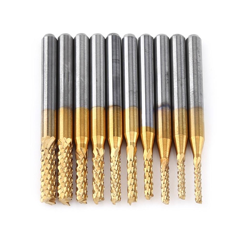 10pcs Titanium Coat Tungsten Carbide 1.5mm 3.175mm End Mill Engraving Bits CNC Rotary Burrs Set
