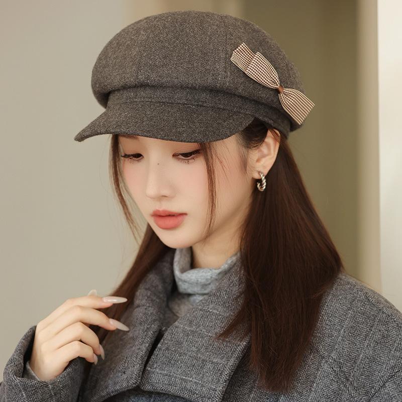 Women's Hat with Versatile Bow Octagonal Hat Big Head Circumference Showing Face Small Duckling Hat Retro Newspaper Boy Hat