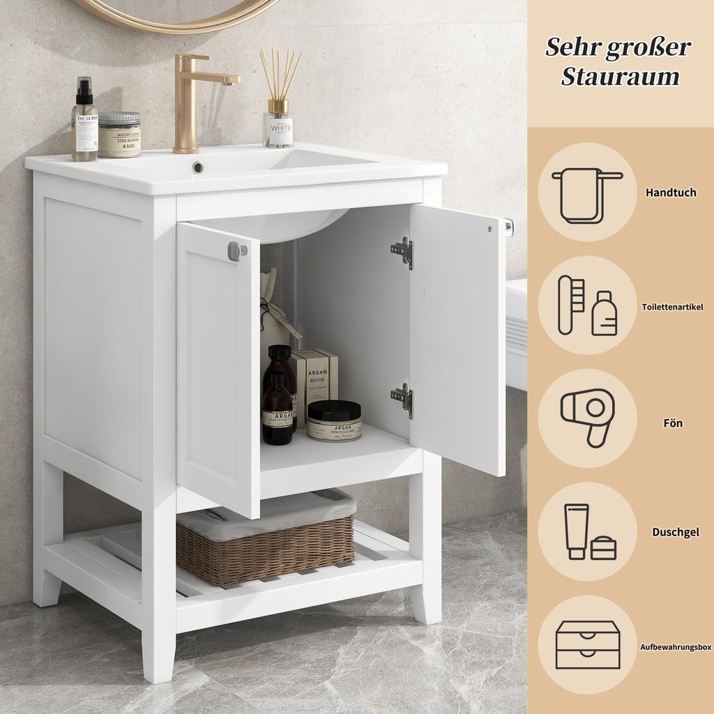 Bathroom Furniture Single Washstand with Vanity Unit 60cm with Ceramic Washbasin, White