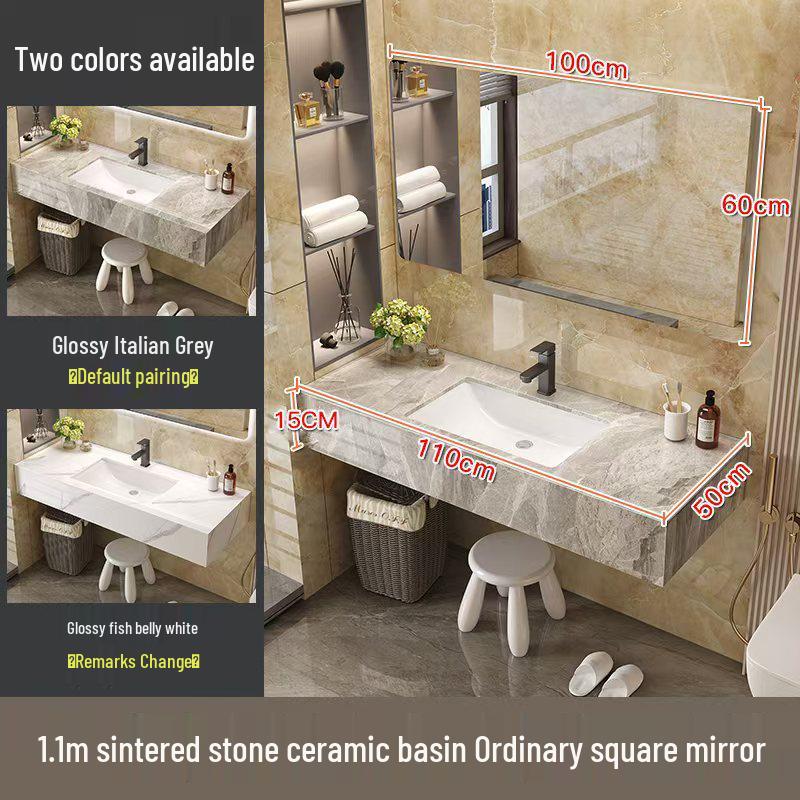 Modern Minimalist Sintered Stone Washbasin Set with Seamless Ceramic Sink, Bathroom Cabinet, and Mirror Storage Cabinet