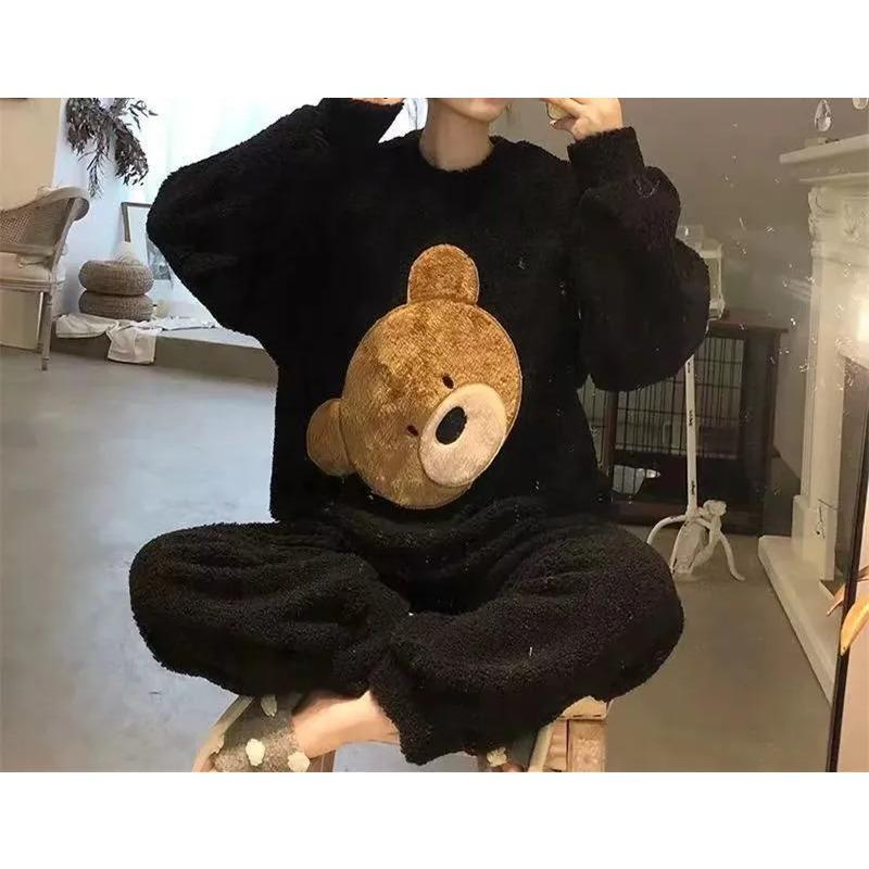 Pajamas Women's Winter Flannel Korean Version Long Sleeved Thickened Velvet Coral Velvet Cute Loungewear Set Christmas Birthday