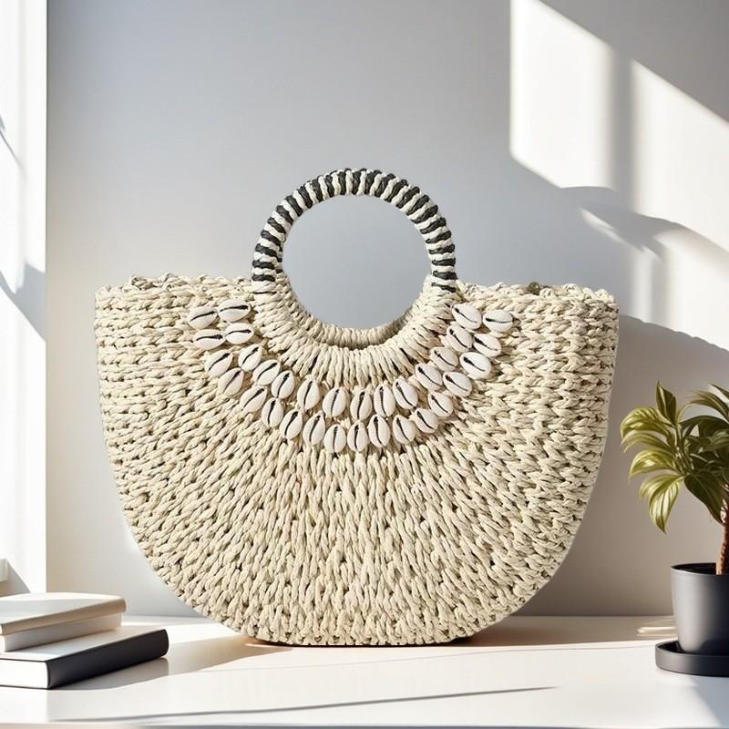 

New Portable Shell Straw Woven Bag Moon Handmade Semicircular Handbag Vacation Beach off білий колір