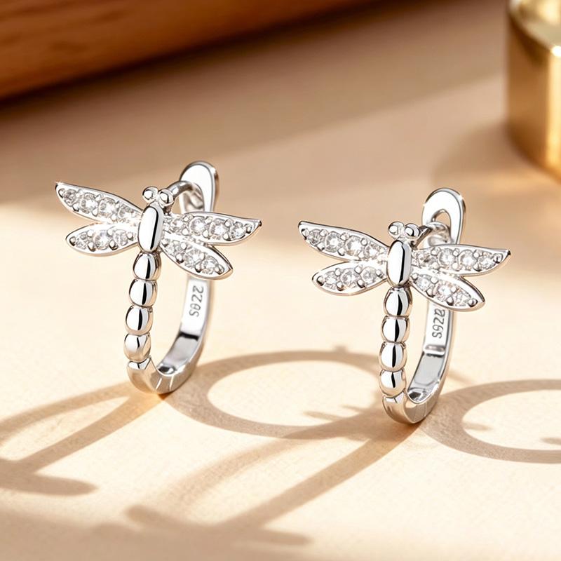 S925 Sterling Silver Dragonfly Sparkling CZ Hoop Earrings Hypoallergenic Animal Huggie Earrings for Women Jewelry