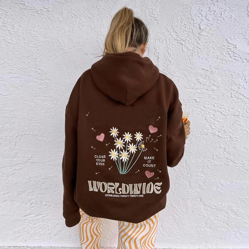 Kvinner Tykk Langermet Høst og Vinter O-Hals Hettegenser Vintage Blomsterprint Mote Løse Sweatshirts med Lomme