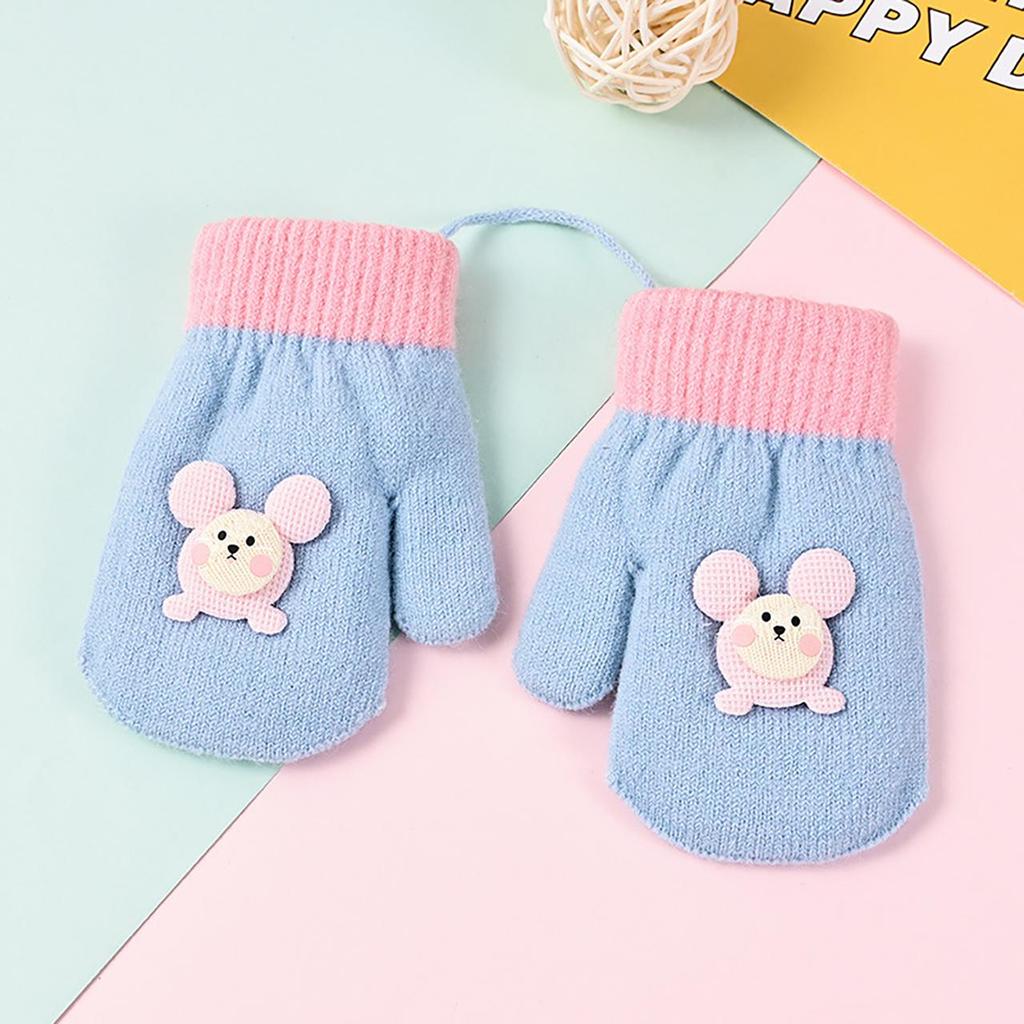 Baby Winter Gloves Cute Cartoon Thick Plush Knitted Mittens Outdoor Cold-proof Kids Boys Girls Full Finger Gloves With Ropes