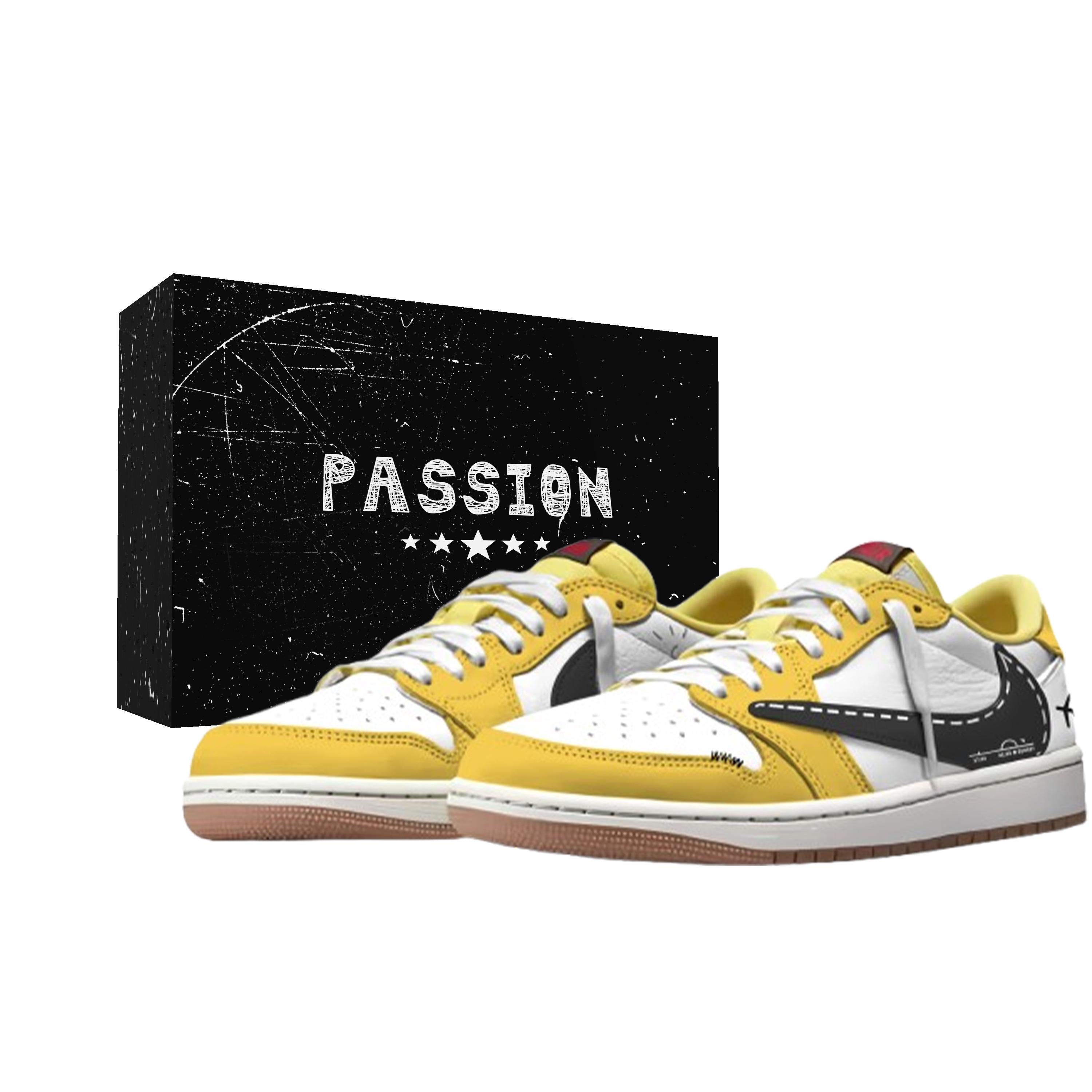 

Travis Scott x Jordan Air Jordan 1 Flight Route Box Included Low top Vintage Basketball Shoes Unisex White Yellow Black DZ4137-700(Team1510-- 38.5