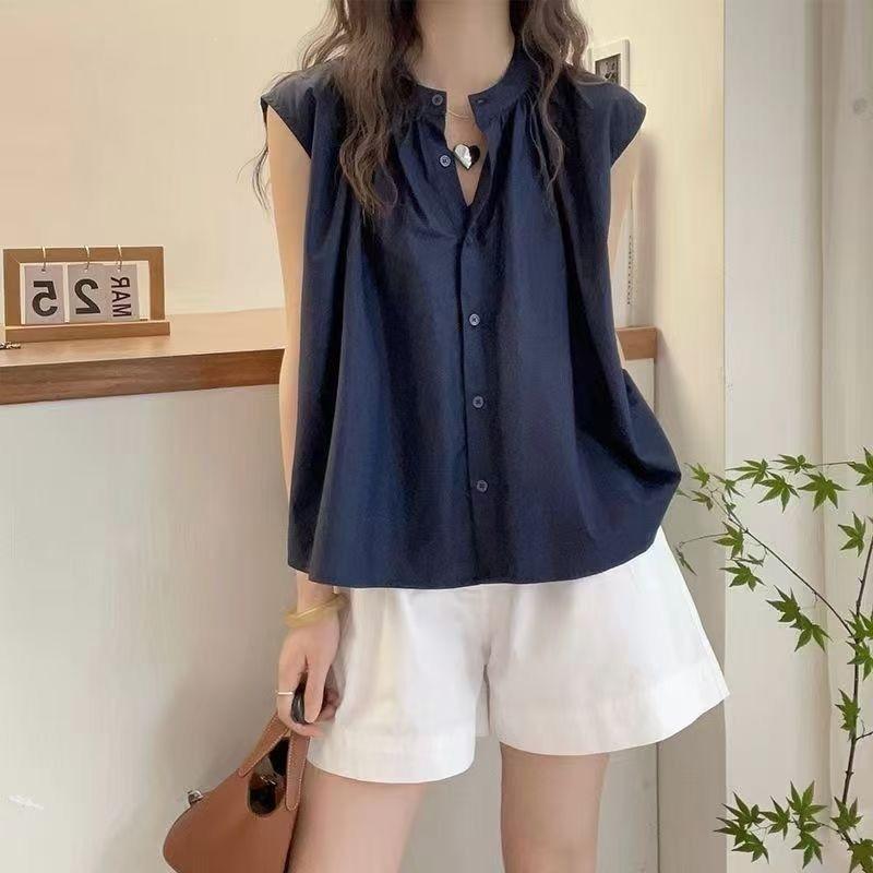 Women Sleeveless Cotton Shirt Stand Collar Single Breasted Loose Tank Blouse Elegant Casual Summer Vest Top
