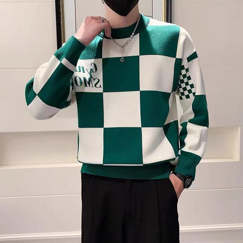 Nouveau Pull Homme Mode Col Rond Patchwork Automne Hiver Couleur Contrastée Imprimé Lettre Manches Longues Ample Décontracté Tricoté Hauts