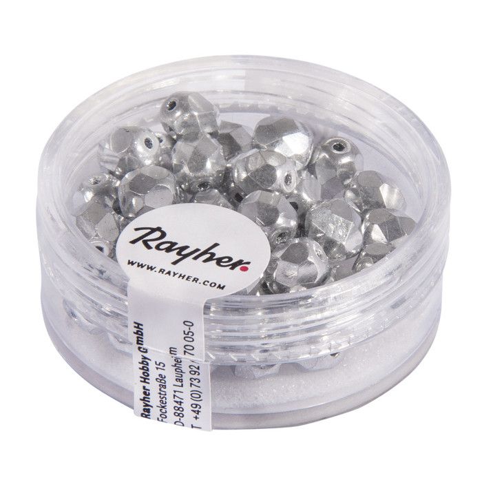 Perle facettée en verre, ø 6mm, argent opaque, 6 mm ø, boîte 50 pces