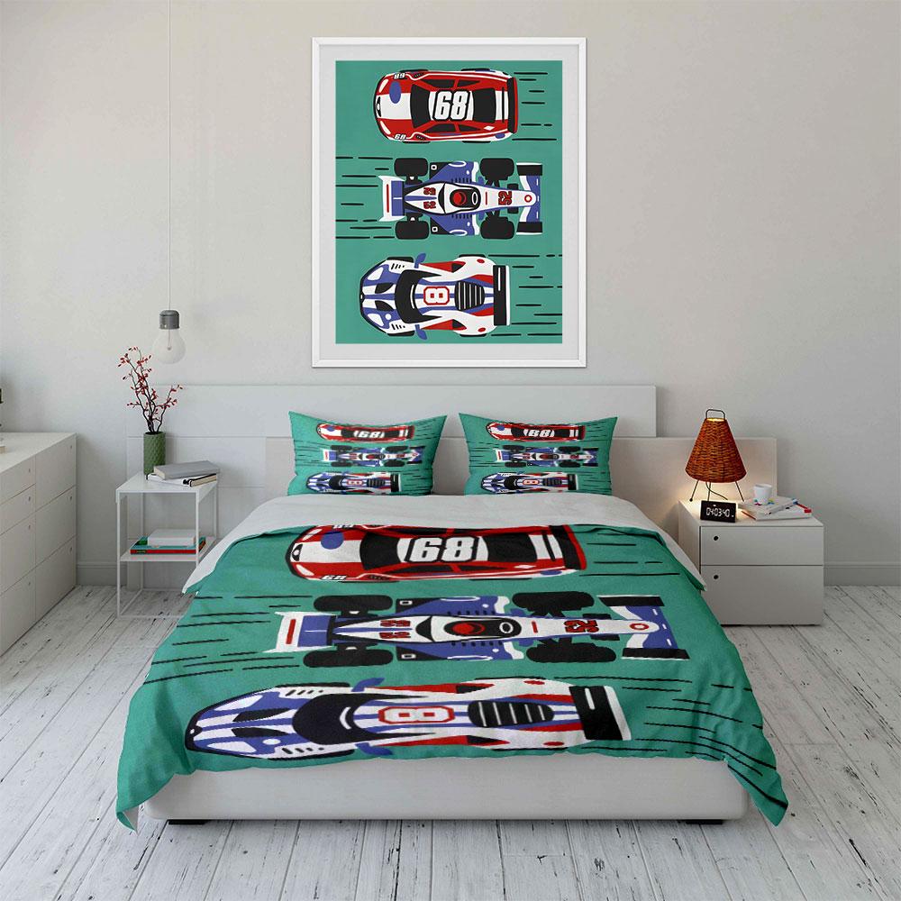 Three Colorful Race Cars On Track Duvet Cover Set With 3D Printing Design Soft Polyester Bedding Set All-Season Comfort