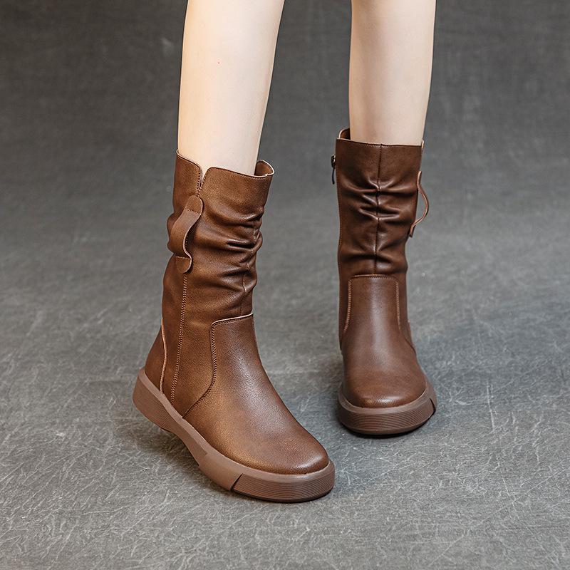 Stylish Women's Genuine Leather Mid-Calf Martin Boots - Versatile, Warm & Thick Soled for Autumn/Winter