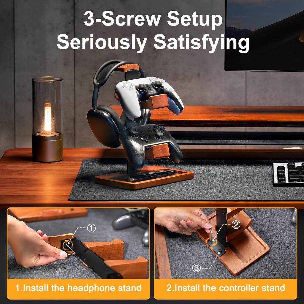 Supporto in Legno Massiccio per Controller e Cuffie, Rack Organizzatore Doppio per Controller, Adatto a , Gamepad, Supporto per Cuffie per Figlio, Marito, Fidanzato