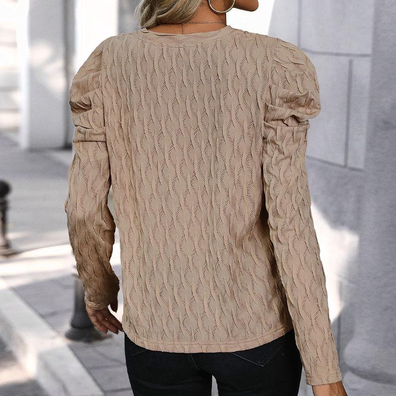 Spring and Autumn Women's Blouse V-neck Textured Sense of Solid Colour Long-sleeved Casual Temperament Tops