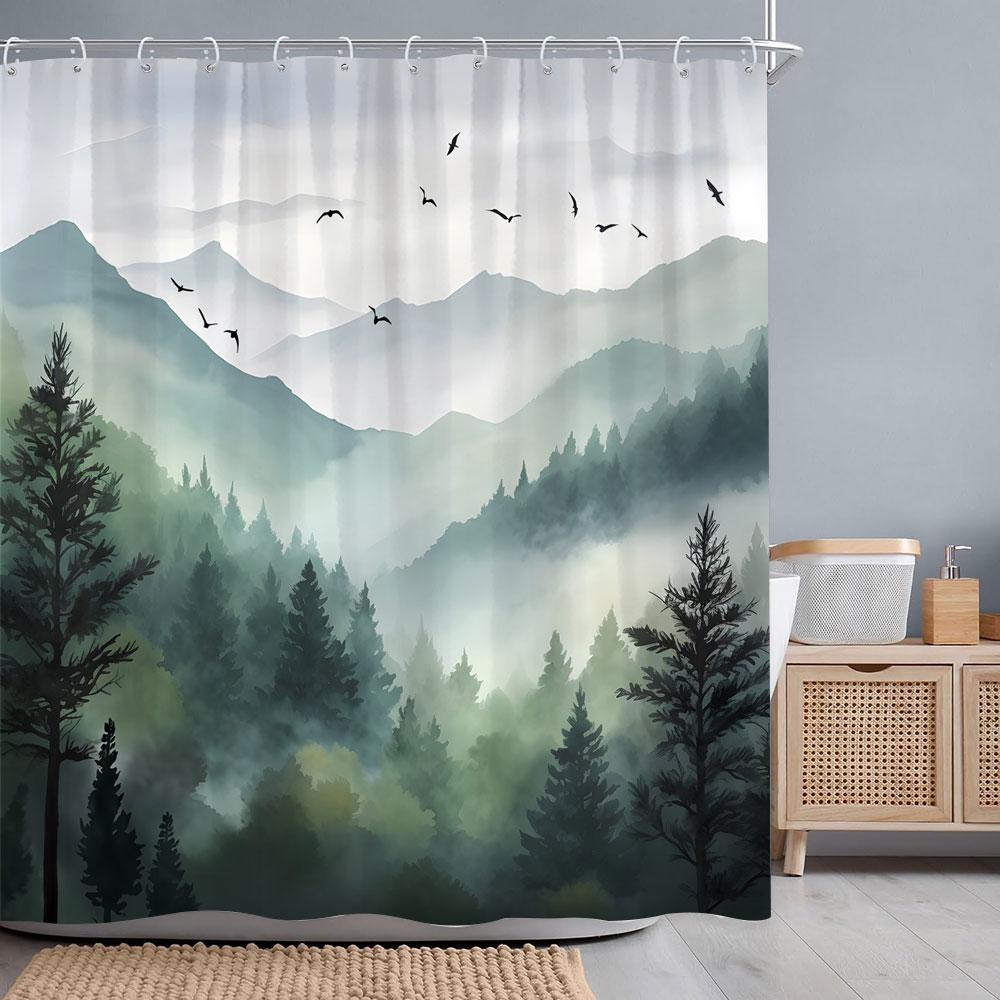 Misty Forest Watercolour Shower Curtain Geese Faraway Mountain Nature Landscape Fabric Shower Curtains Bathroom Decor with Hooks