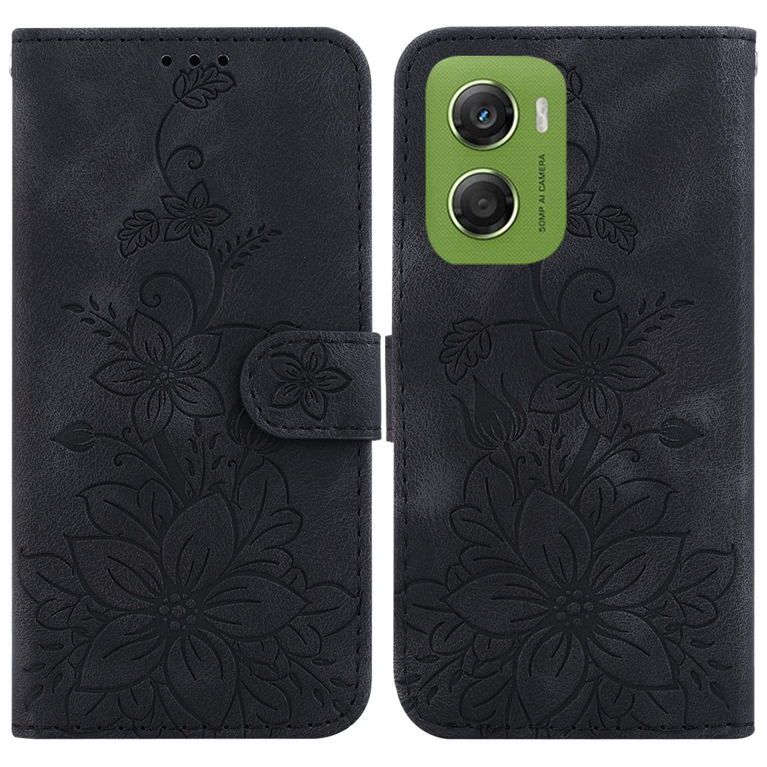 

For Motorola Moto G06 4G Stand Case Lily Flower Imprint Leather Phone Cover with Wrist Strap