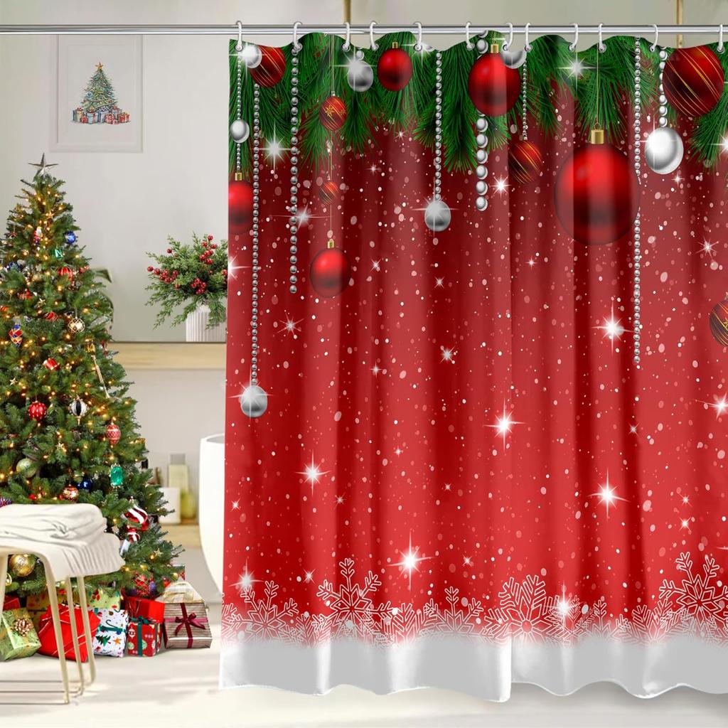 Merry Christmas Shower Curtain with Winter Farmhouse Pattern, Cute Waterproof Bathroom Decor for Xmas Home Celebration