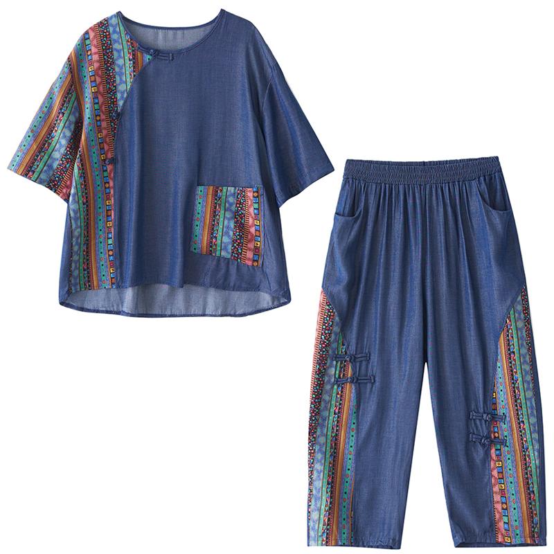 DIMANAF Plus Size Pants Suits Women Sets Suits Loose Tops Shirts Long Pants Cotton Vintage Casual Clothing Summer