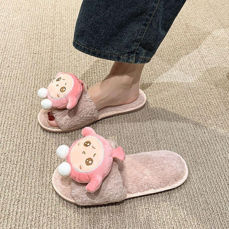 Home egg boy plush casual one-word cotton slippers women 2025 autumn and winter cute cartoon fluffy slippers women