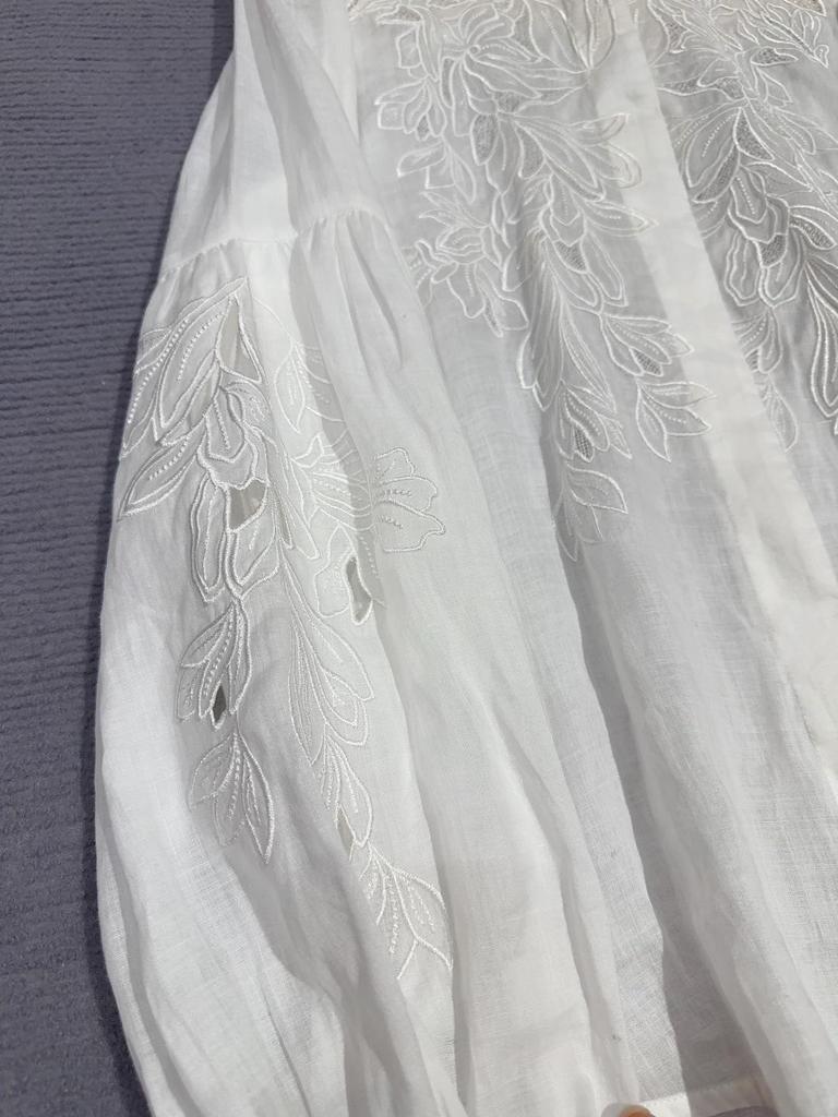 Spring 2026 French Embroidery Linen Shirt with Lantern Sleeves - Casual Vacation Style