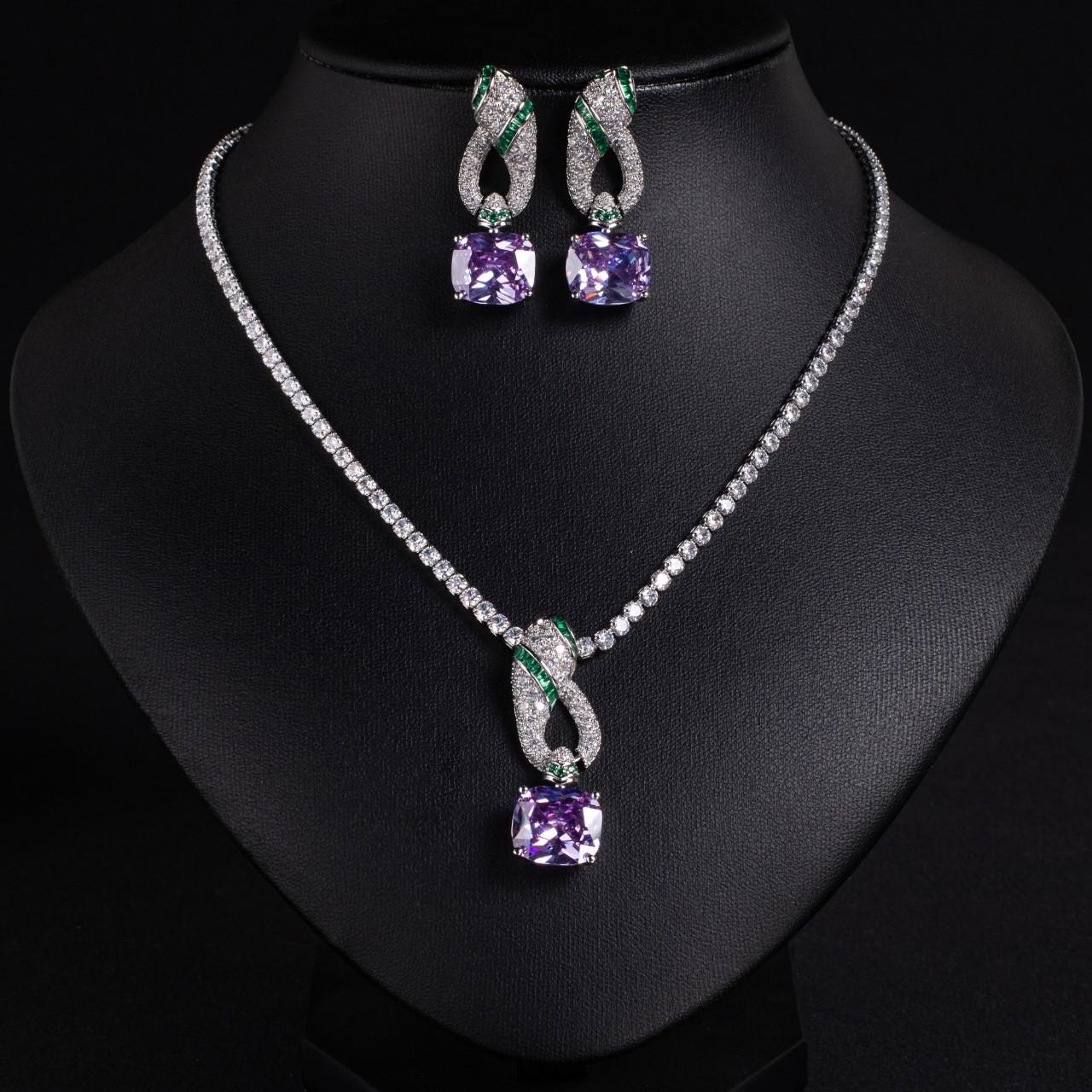 

Luxury Premium New Zirconia Large Square Ladies Jewellery Necklace Earrings Set Party Prom Wedding Gift Dress Accessories M-331 resizable фиолетовый
