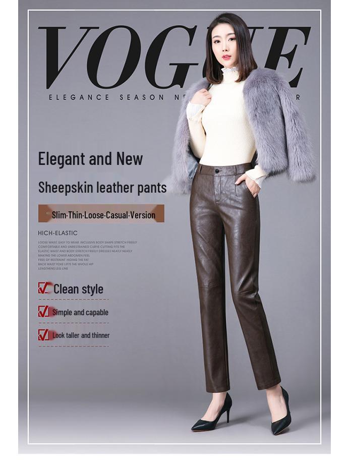 Korean Style High-Waisted Sheepskin Leather Pants for Women, Autumn/Winter 2025 Fashion