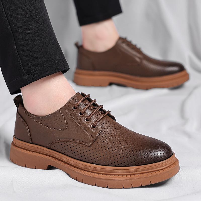 Leather shoes men's summer breathable casual men's shoes thin hollow black British trend 2025