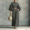 2026 Womens Polka Dot Bubble Sleeve Top High-Waisted Wide Leg Pants 2-Piece Set Casual Outfit