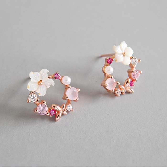 Hypoallergenic To 925 Pink Gold Girlfriend [Glam Jewelry] Earrings, Sakura, Sakura, Ladies, Metals, Silver, Pearl, Crystal, Coating, Present, Women,
