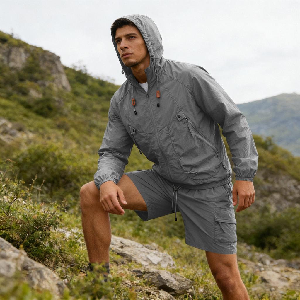 Men's Silk Quick-drying Hooded Coat With Sun , Thin , Casual Sports Sun Clothing, Shorts + Long-sleeved Set