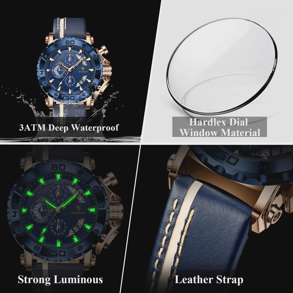 POEDAGAR Fashion Men's Quartz Chronograph Watch Luminous Waterproof with Leather Strap Ideal Gift for Men Business Casual