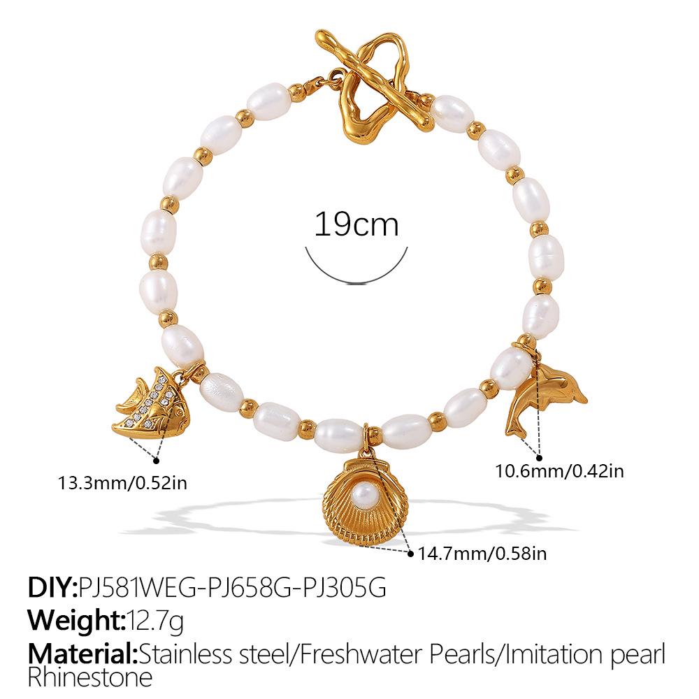 Elegant Pearl and Stainless Steel Beach-Style Necklace & Bracelet Set for Women