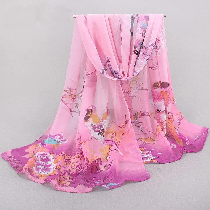 Spring Summer Printed Chiffon Silk Shawls Magpie Scarf Compact Lightweight Scarf Travel Sun Protection Scarf Wraps For Women