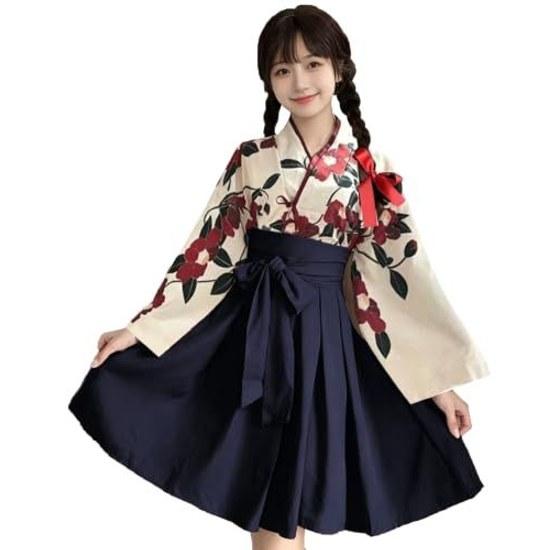 Taisho RomanHakamaWafukuKimonoHanfuWasouCostumeCosplayEth nic ClothingLadiesPlus SizeShortCamellia PatternMikohf0201-D-black-L