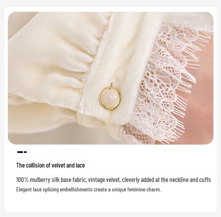 Damen Seiden Samt Plissee Spitze Pullover mit Stehkragen - Herbst Französischer Stil