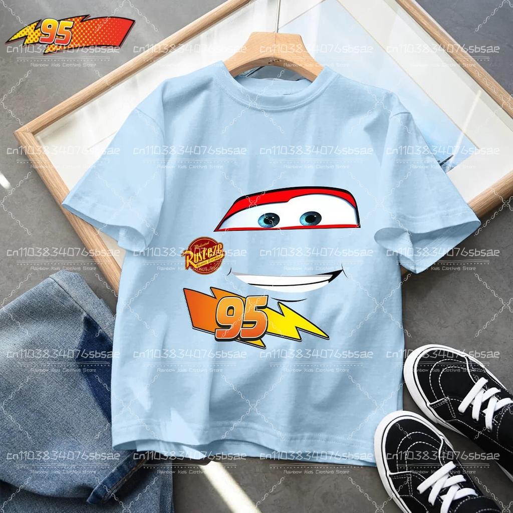 2026 Summer Kids T-shirt Short Sleeve Top Cartoon Cars Pixar Lightning McQueen Printed Boys Clothes Baby Tops 4-10 Years