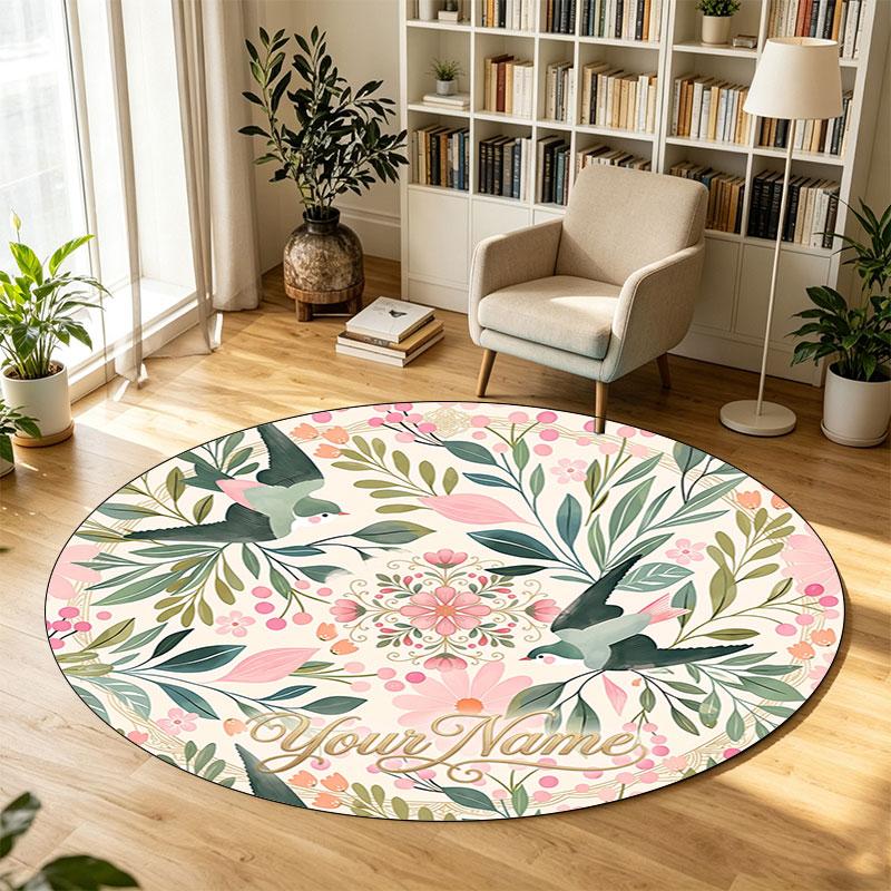 Floral Flowers (891) Theme Circular Crystal Velvet Carpet Customized Name & Text Round Soft Floor Rug For Living Room Bedroom Decor