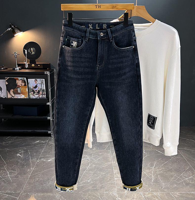 Men's Wear-Resistant Fleece-Lined Straight-Leg Stretch Slim-Fit Trendy Jeans