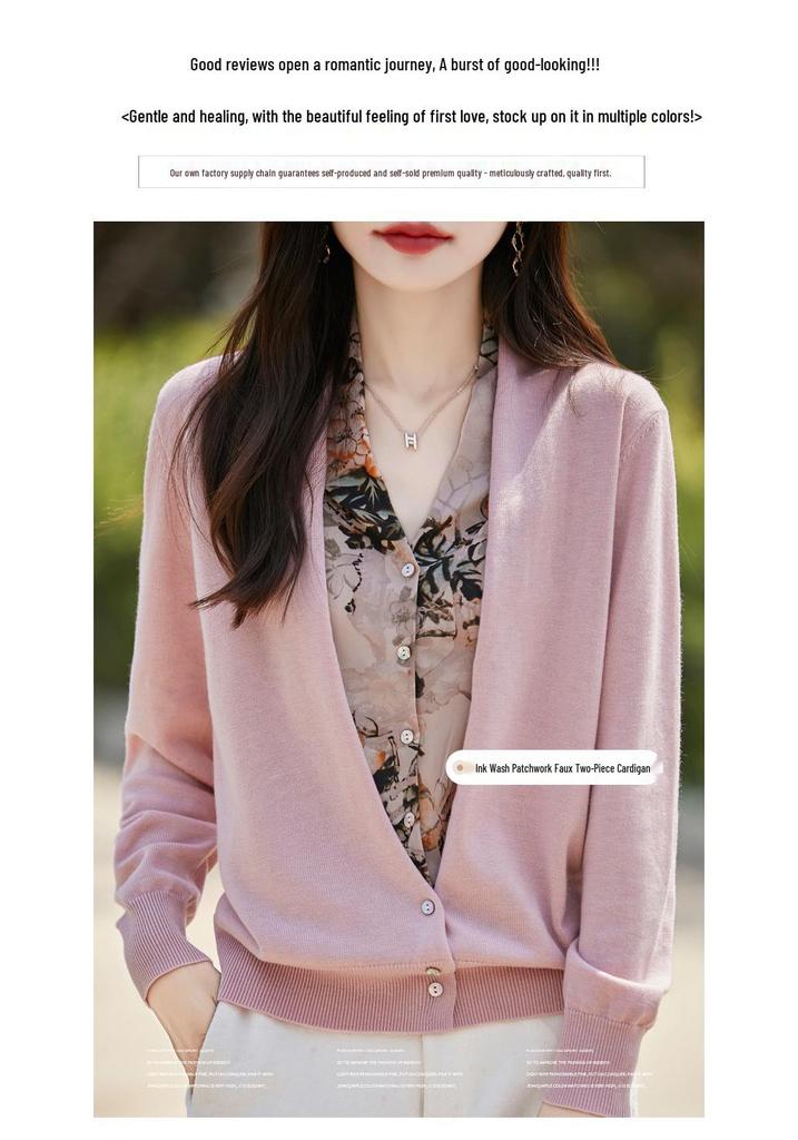 Women's Autumn Patchwork Knit Wool Cardigan - V-Neck Sweater Coat
