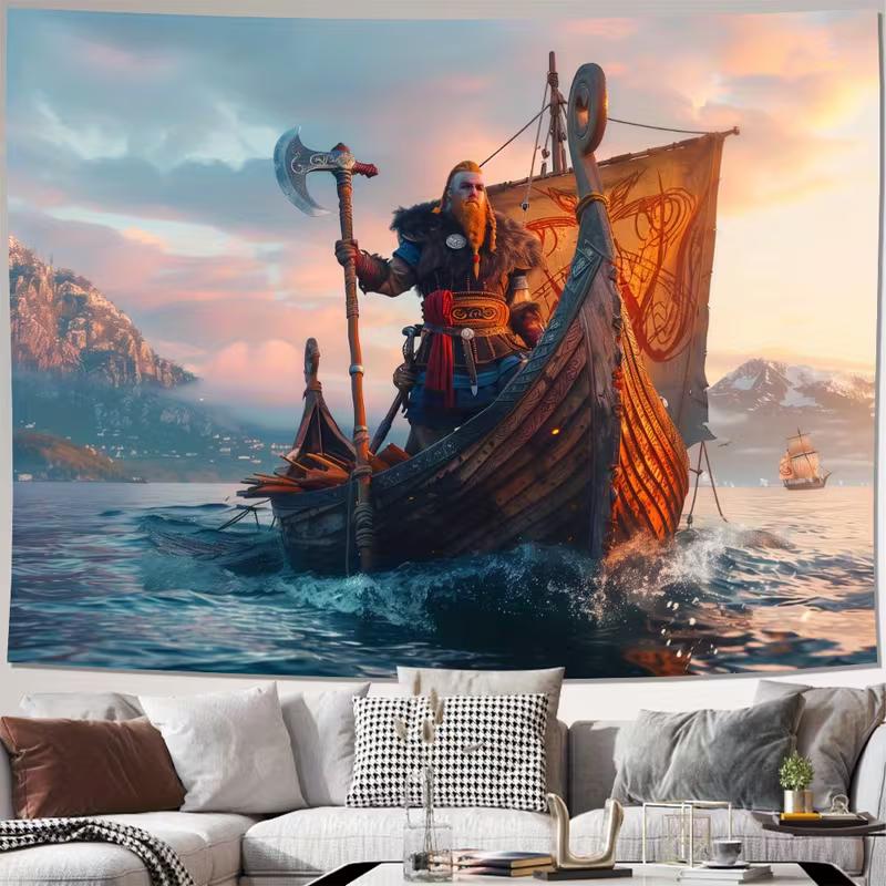 2D Nordic Viking Warrior Tapestry, Longship on the Sea Wall Art for Home Decor 47.2x31.5inch/120*80cm