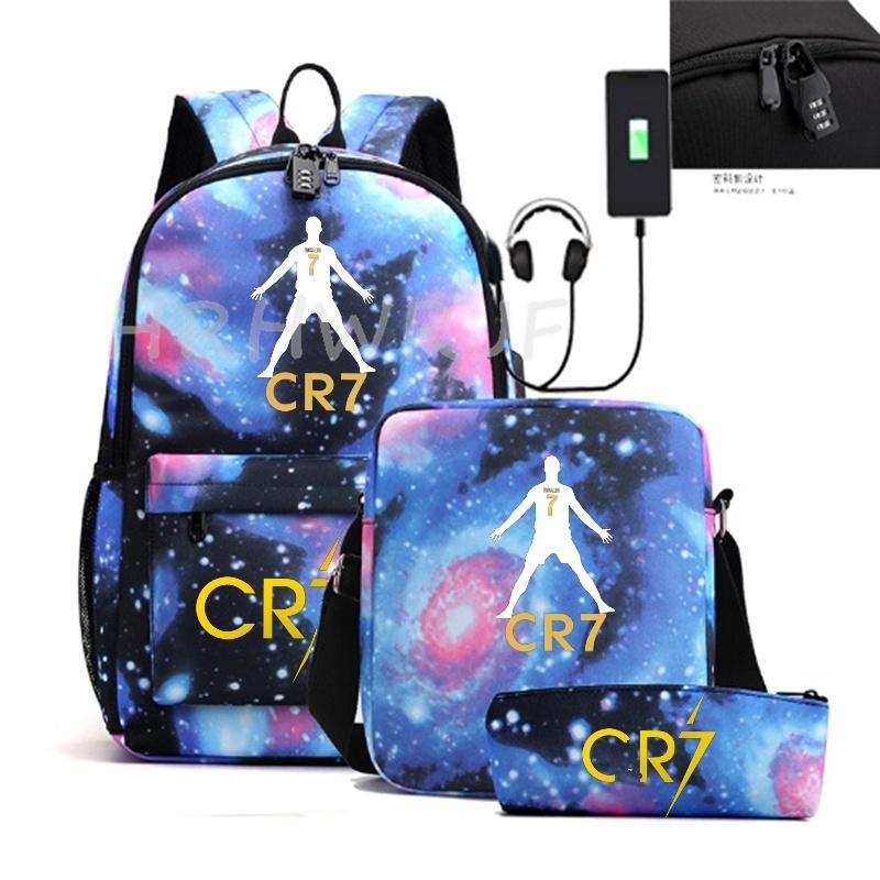 Sports Casual CR7 Backpacks 3pcs Simple Lightweight Capacity Teens Laptop School Bags Women Men Travel USB An-ti Lock Mochilas