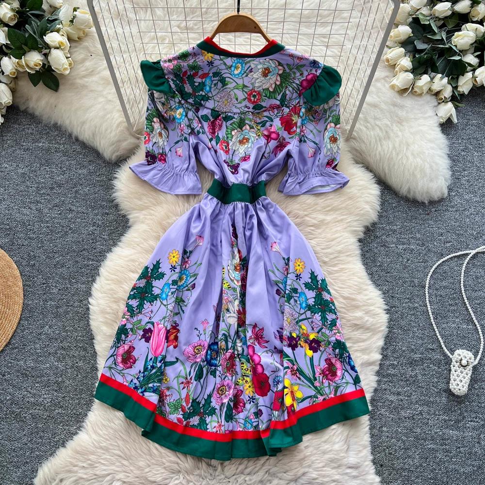 Summer Women Vintage Print Runway Dresses V-neck Single Breasted Mini Short Party Dress