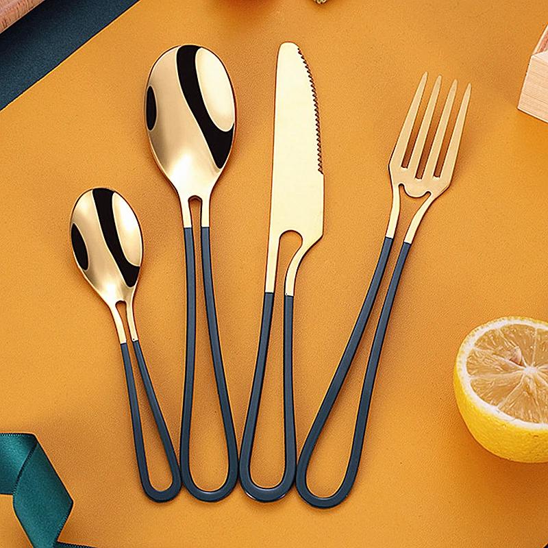 4-teiliges Edelstahl-Besteckset mit hohlen Griffen Westlicher Löffel Dessertgabel Steakmesser Besteckset Geschirr Küchenutensil