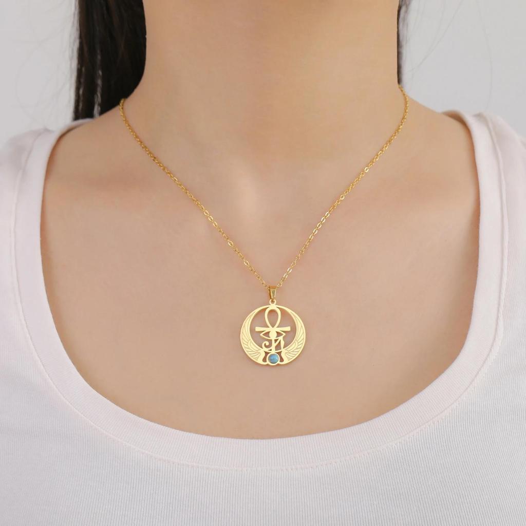 Ancient Egyptian Symbol Horus Eye Pharaoh Protection Amulet Talisman Pendant Necklace Blue Rhinestone Men Women Stainless Steel Chains Jewelry Gifts