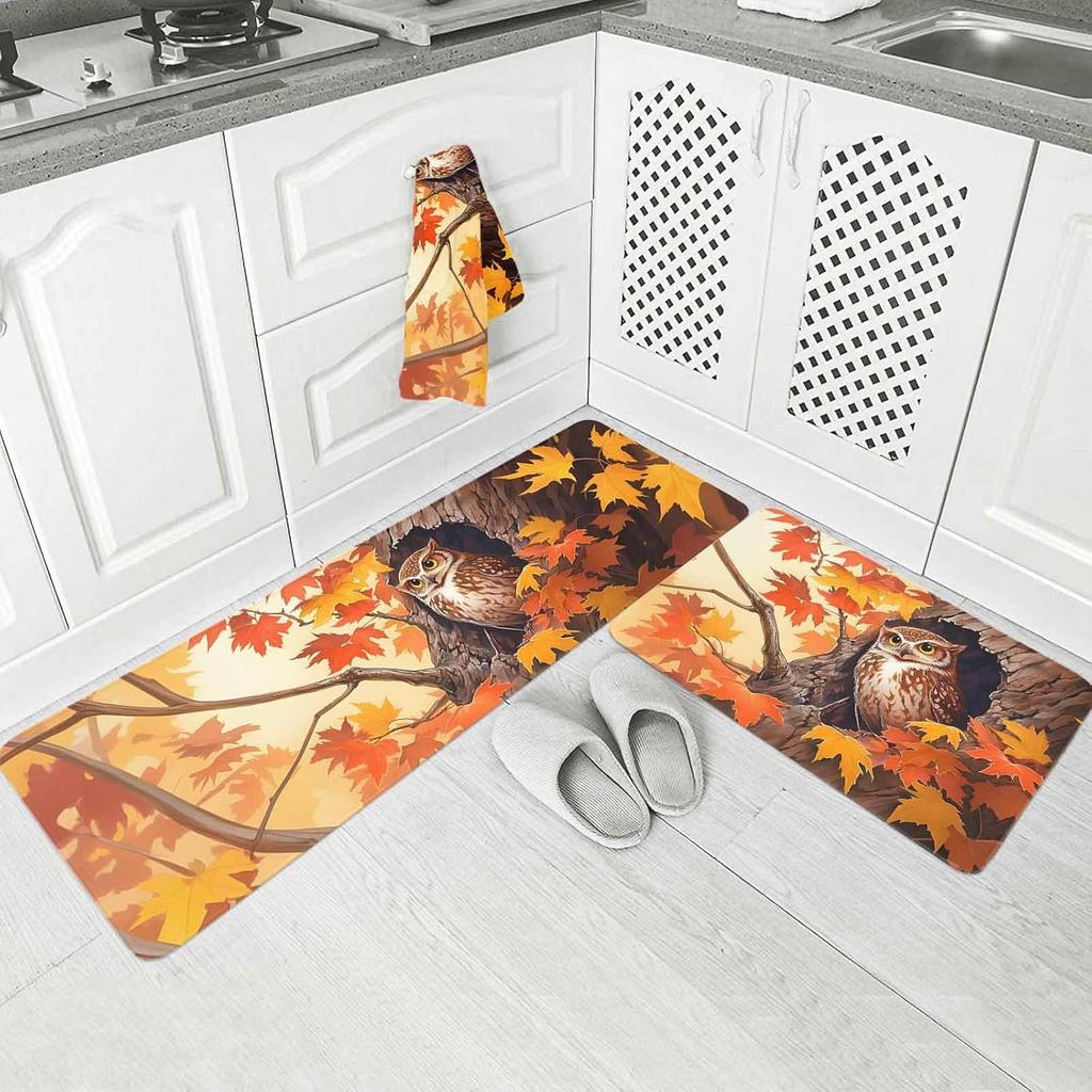Fall Owl Maple Leaves Kitchen Mat Home Decor Corridor Balcony Laundry Room Rugs Bedroom Bedside Floor Mat Bathroom Door Mat